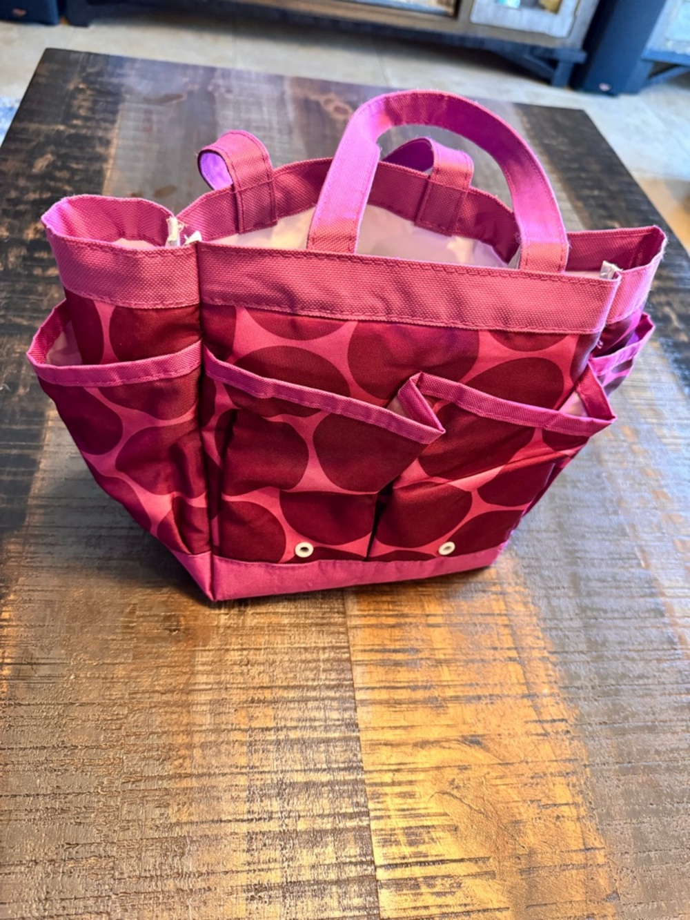 Mini Organizer bag in a pink circle spirals pattern Multiple pockets